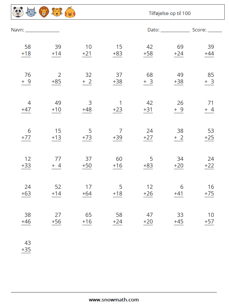 (50) Tilføjelse op til 100 Matematiske regneark 8