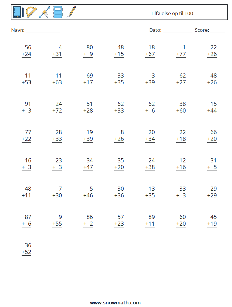 (50) Tilføjelse op til 100 Matematiske regneark 9