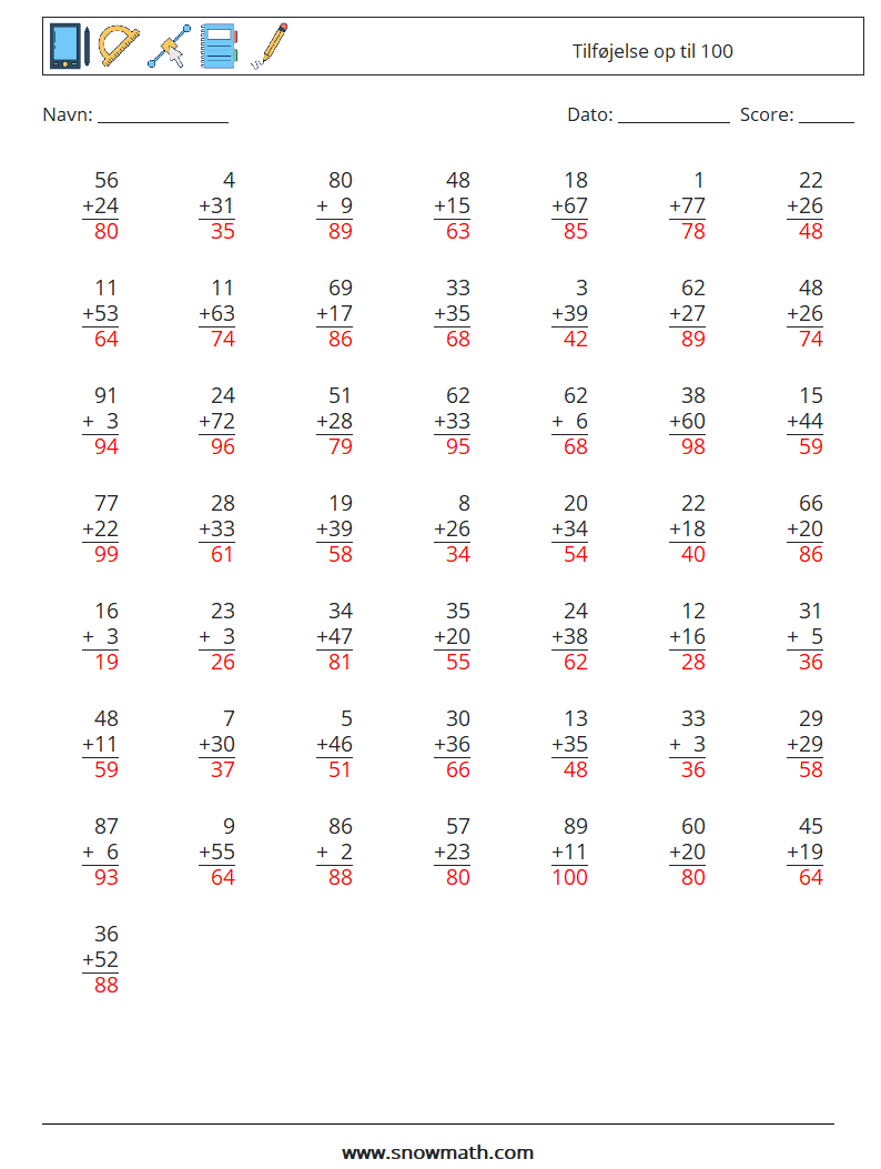 (50) Tilføjelse op til 100 Matematiske regneark 9 Spørgsmål, svar