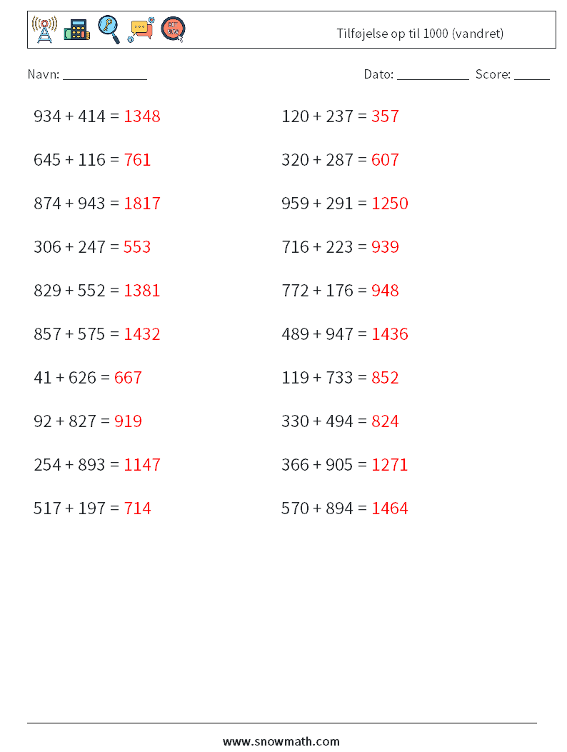 (20) Tilføjelse op til 1000 (vandret) Matematiske regneark 1 Spørgsmål, svar