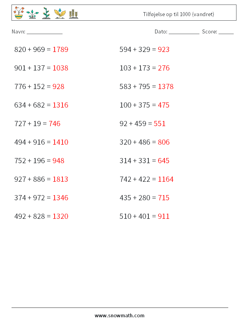 (20) Tilføjelse op til 1000 (vandret) Matematiske regneark 2 Spørgsmål, svar