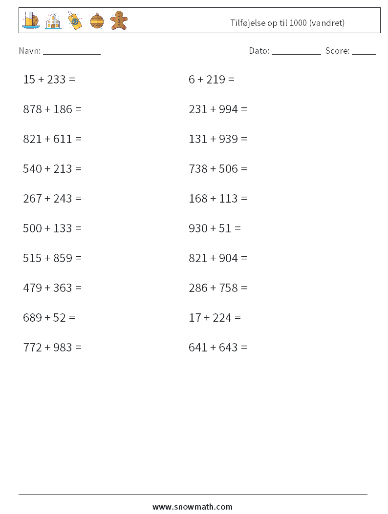 (20) Tilføjelse op til 1000 (vandret) Matematiske regneark 4