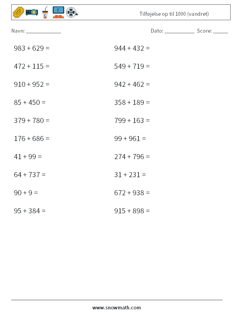 (20) Tilføjelse op til 1000 (vandret) Matematiske regneark 5