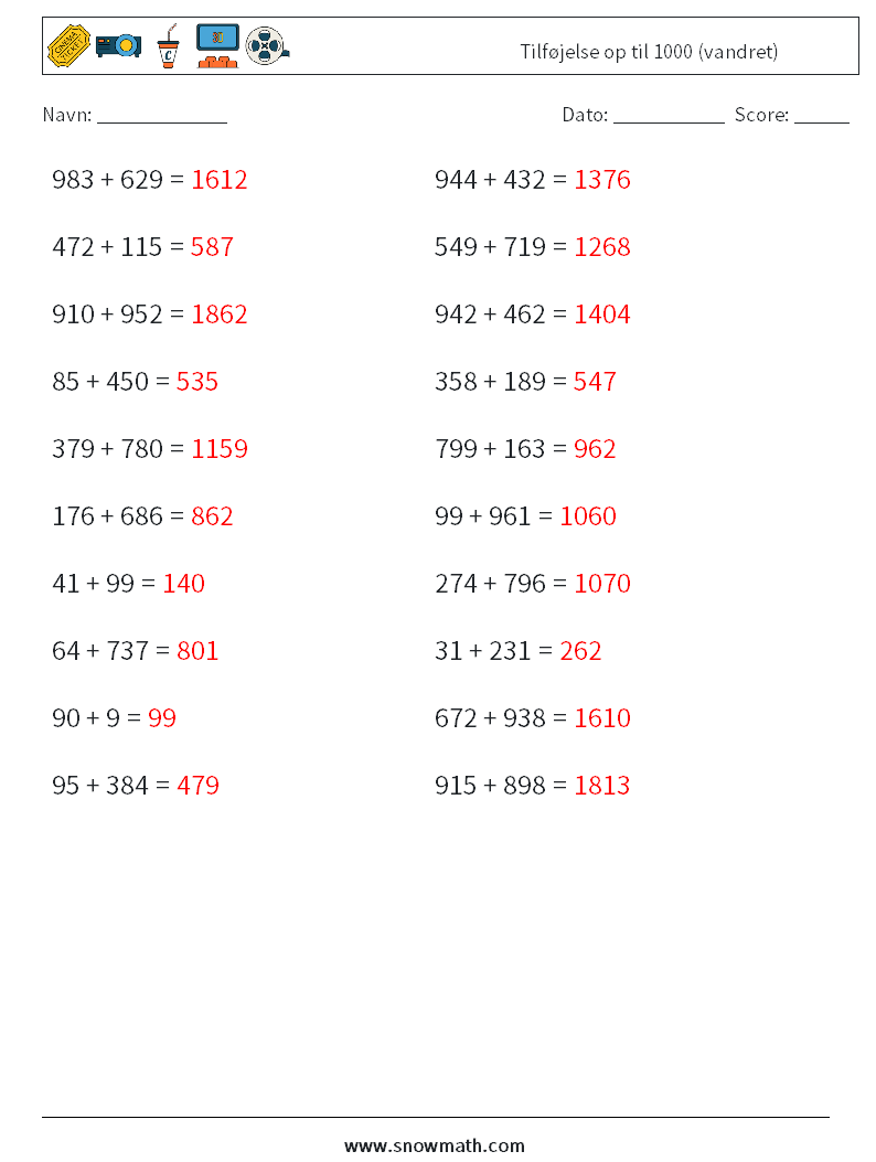 (20) Tilføjelse op til 1000 (vandret) Matematiske regneark 5 Spørgsmål, svar