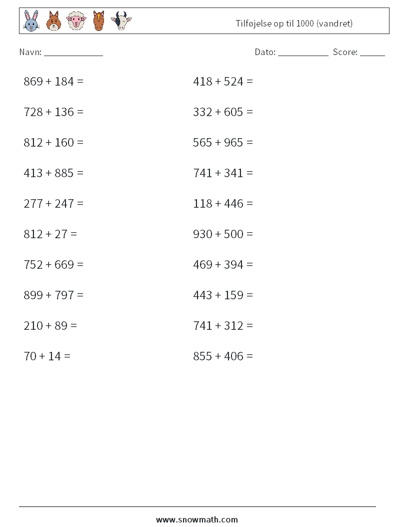 (20) Tilføjelse op til 1000 (vandret) Matematiske regneark 6