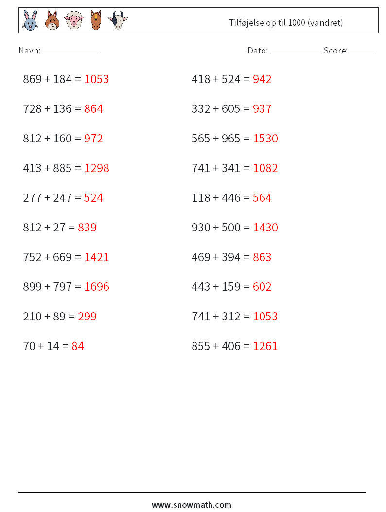 (20) Tilføjelse op til 1000 (vandret) Matematiske regneark 6 Spørgsmål, svar