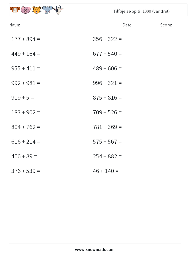 (20) Tilføjelse op til 1000 (vandret) Matematiske regneark 7