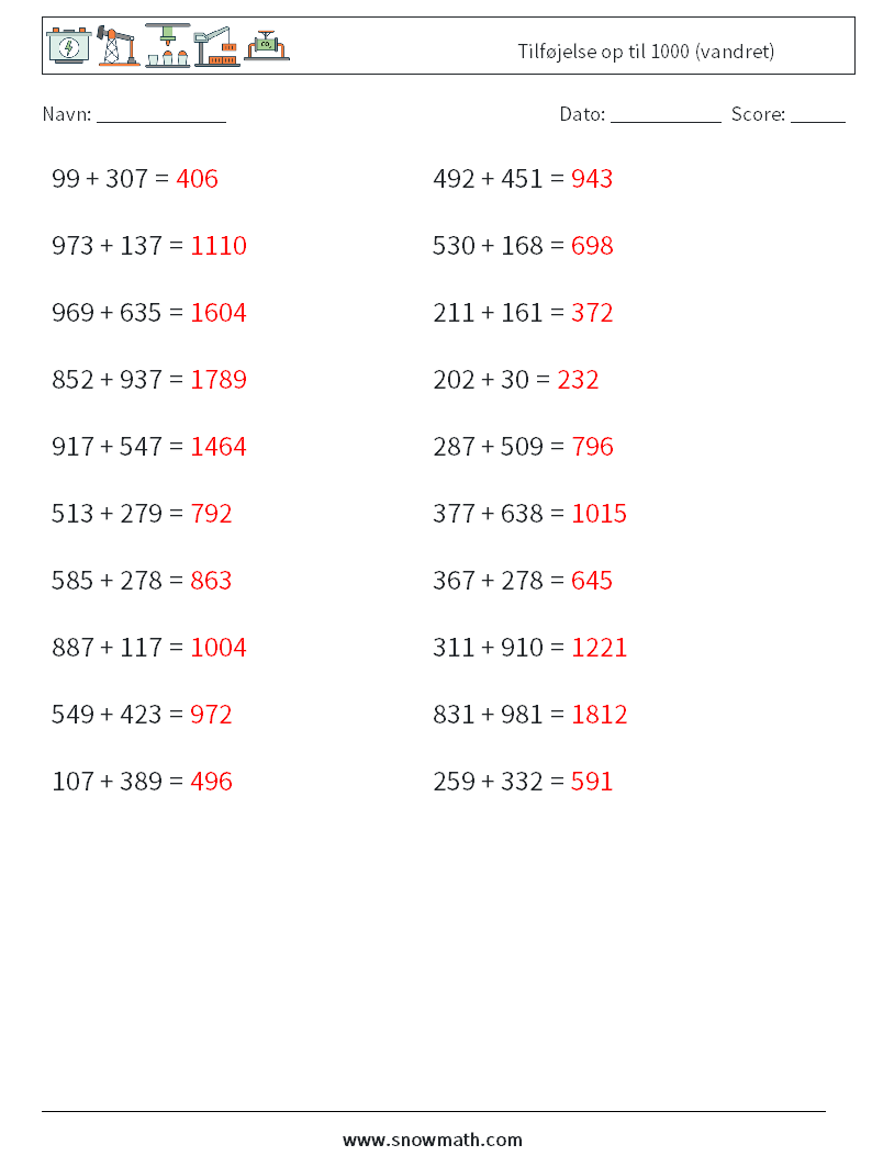 (20) Tilføjelse op til 1000 (vandret) Matematiske regneark 9 Spørgsmål, svar