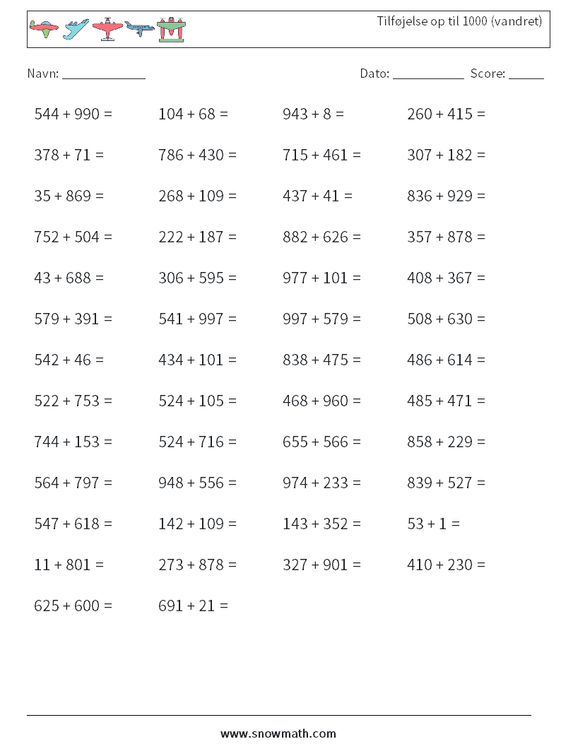 (50) Tilføjelse op til 1000 (vandret) Matematiske regneark 1