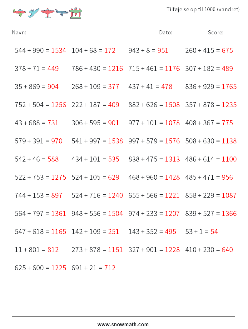 (50) Tilføjelse op til 1000 (vandret) Matematiske regneark 1 Spørgsmål, svar