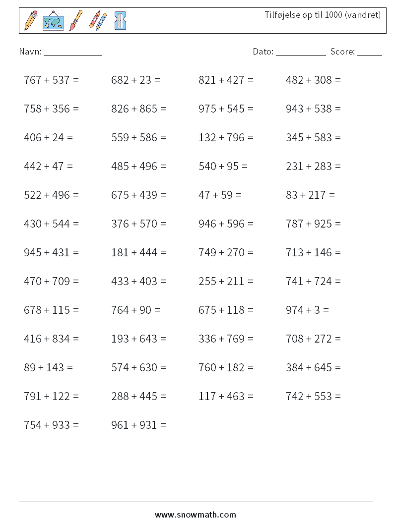 (50) Tilføjelse op til 1000 (vandret) Matematiske regneark 2