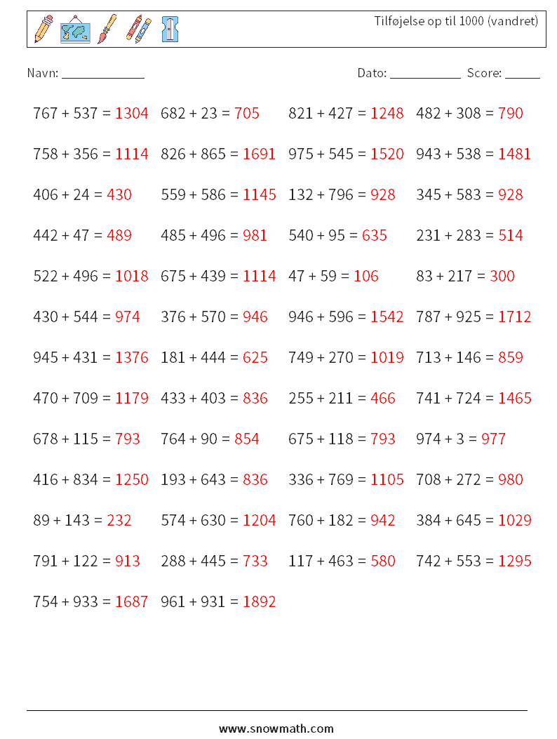 (50) Tilføjelse op til 1000 (vandret) Matematiske regneark 2 Spørgsmål, svar