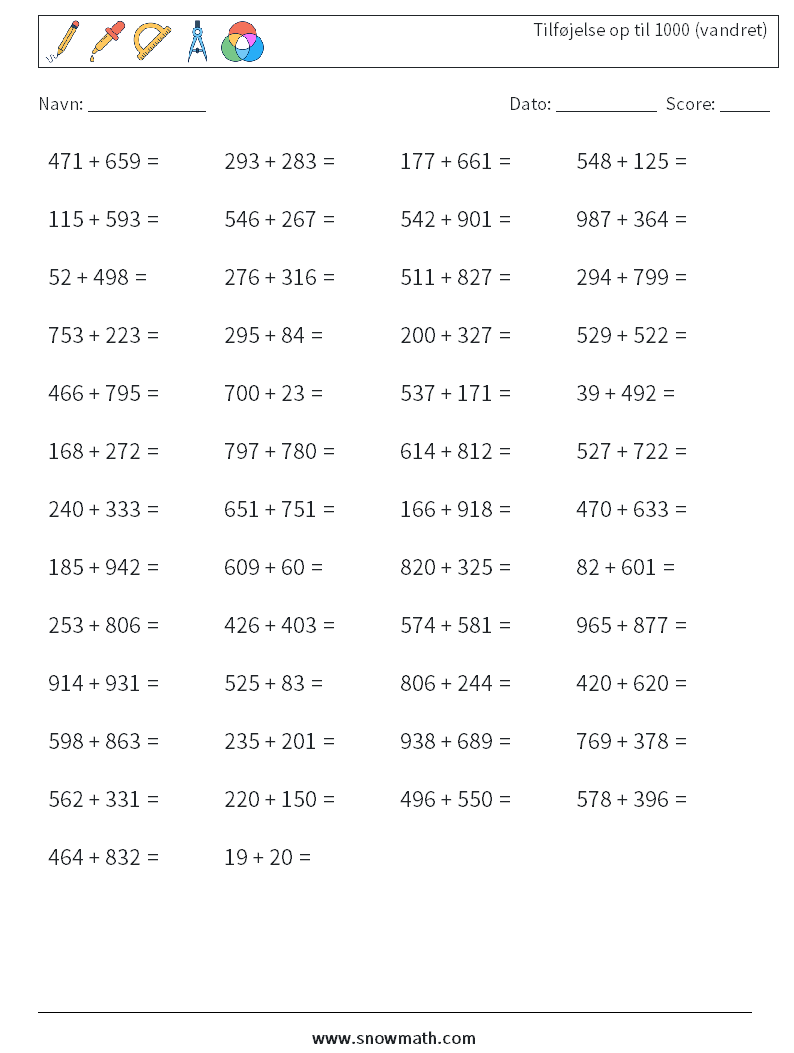 (50) Tilføjelse op til 1000 (vandret) Matematiske regneark 3