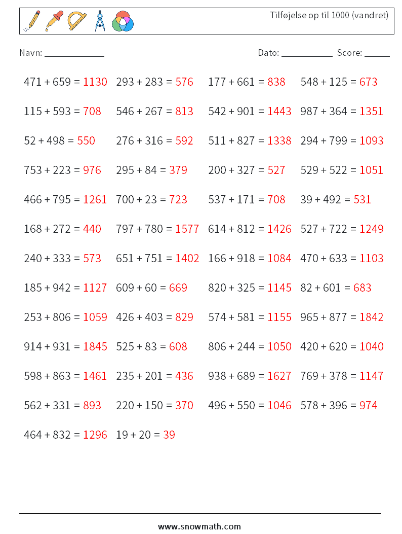 (50) Tilføjelse op til 1000 (vandret) Matematiske regneark 3 Spørgsmål, svar