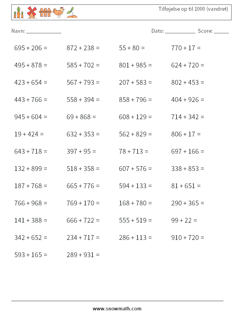 (50) Tilføjelse op til 1000 (vandret) Matematiske regneark 4