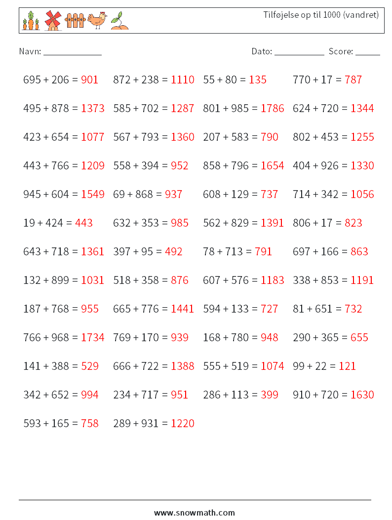 (50) Tilføjelse op til 1000 (vandret) Matematiske regneark 4 Spørgsmål, svar