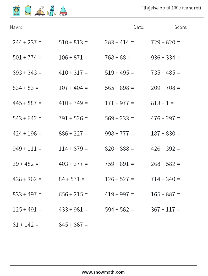 (50) Tilføjelse op til 1000 (vandret) Matematiske regneark 5