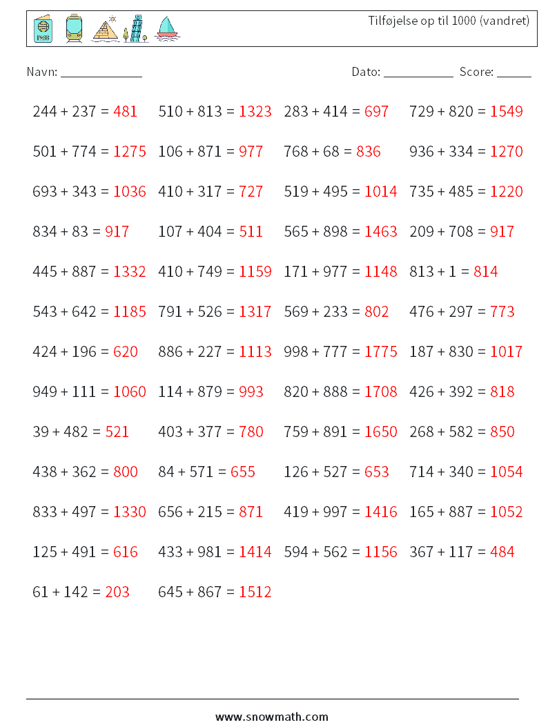 (50) Tilføjelse op til 1000 (vandret) Matematiske regneark 5 Spørgsmål, svar