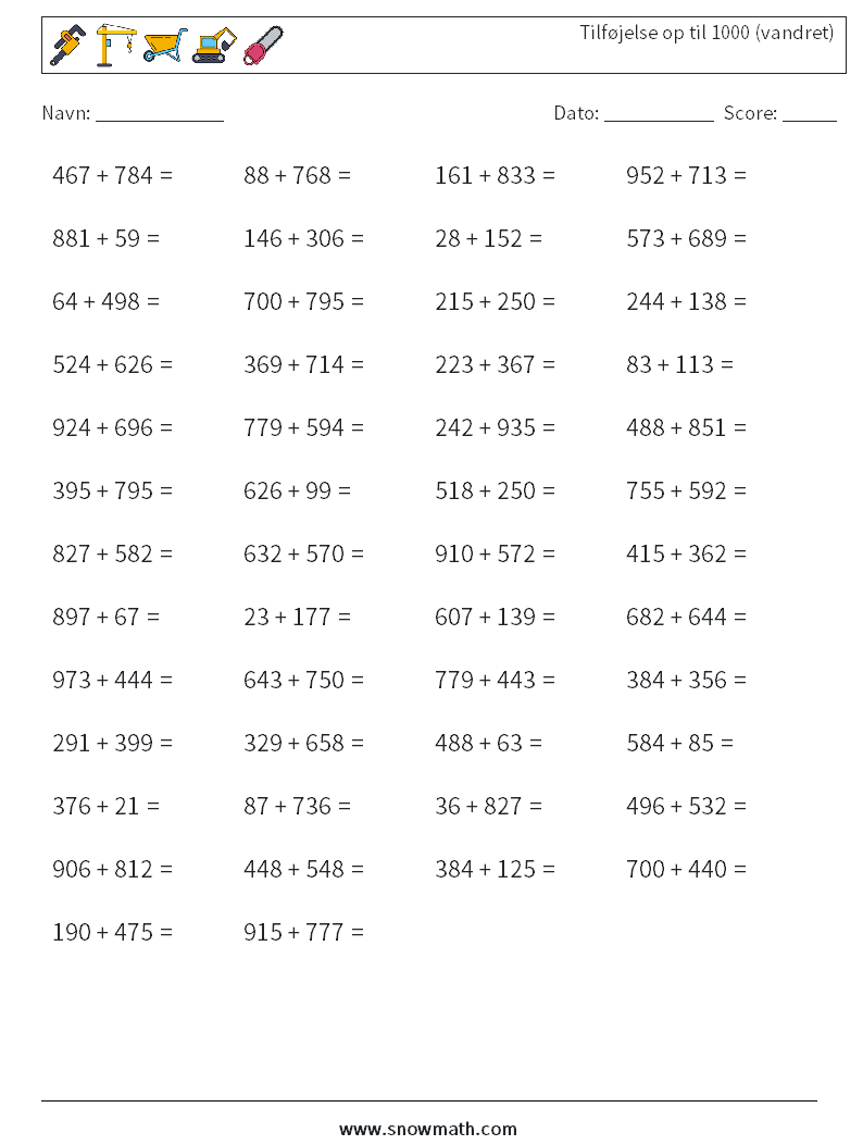 (50) Tilføjelse op til 1000 (vandret) Matematiske regneark 6