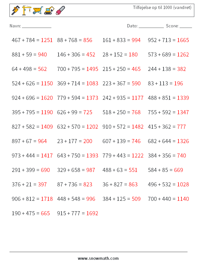 (50) Tilføjelse op til 1000 (vandret) Matematiske regneark 6 Spørgsmål, svar