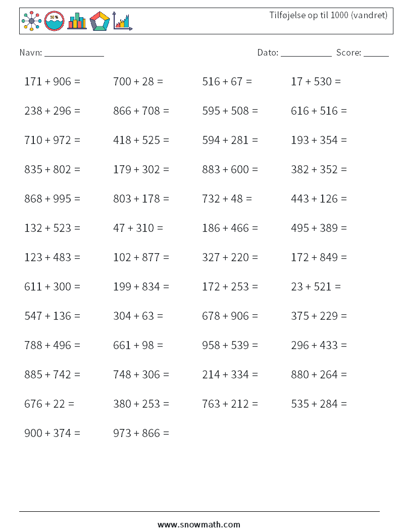 (50) Tilføjelse op til 1000 (vandret) Matematiske regneark 7