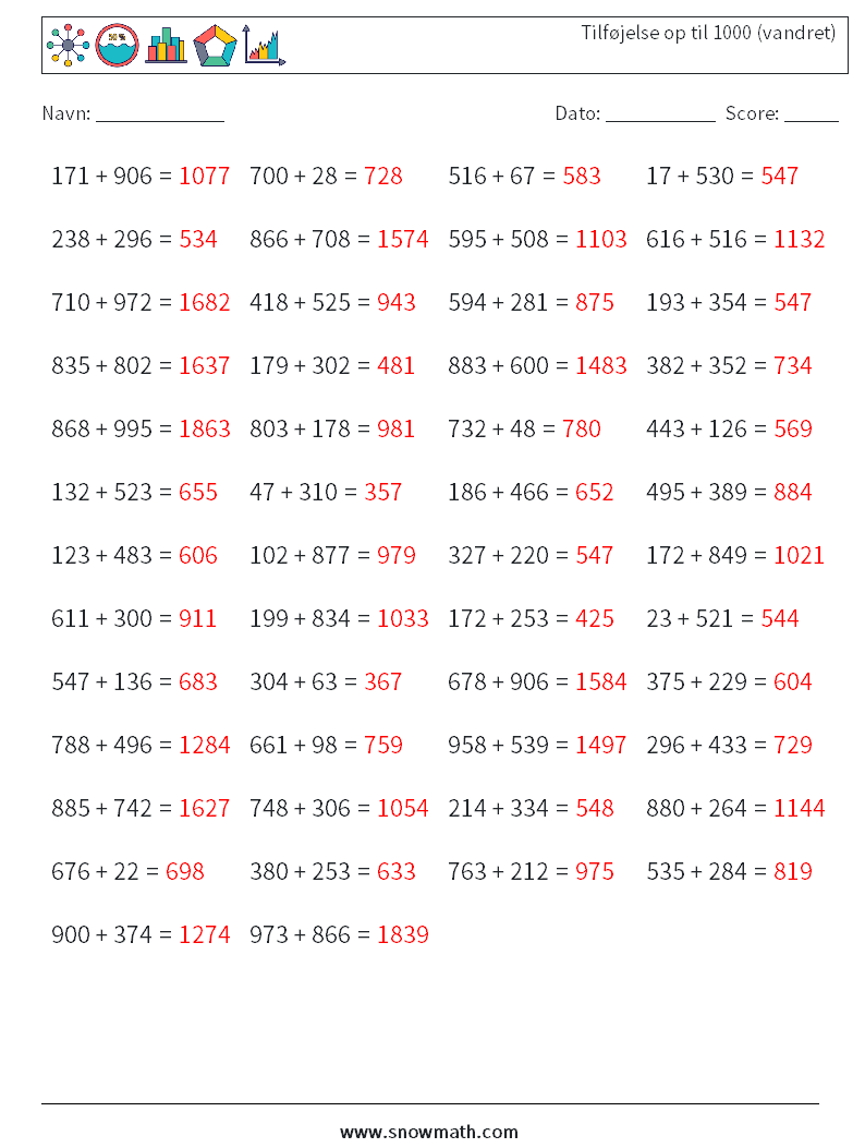 (50) Tilføjelse op til 1000 (vandret) Matematiske regneark 7 Spørgsmål, svar