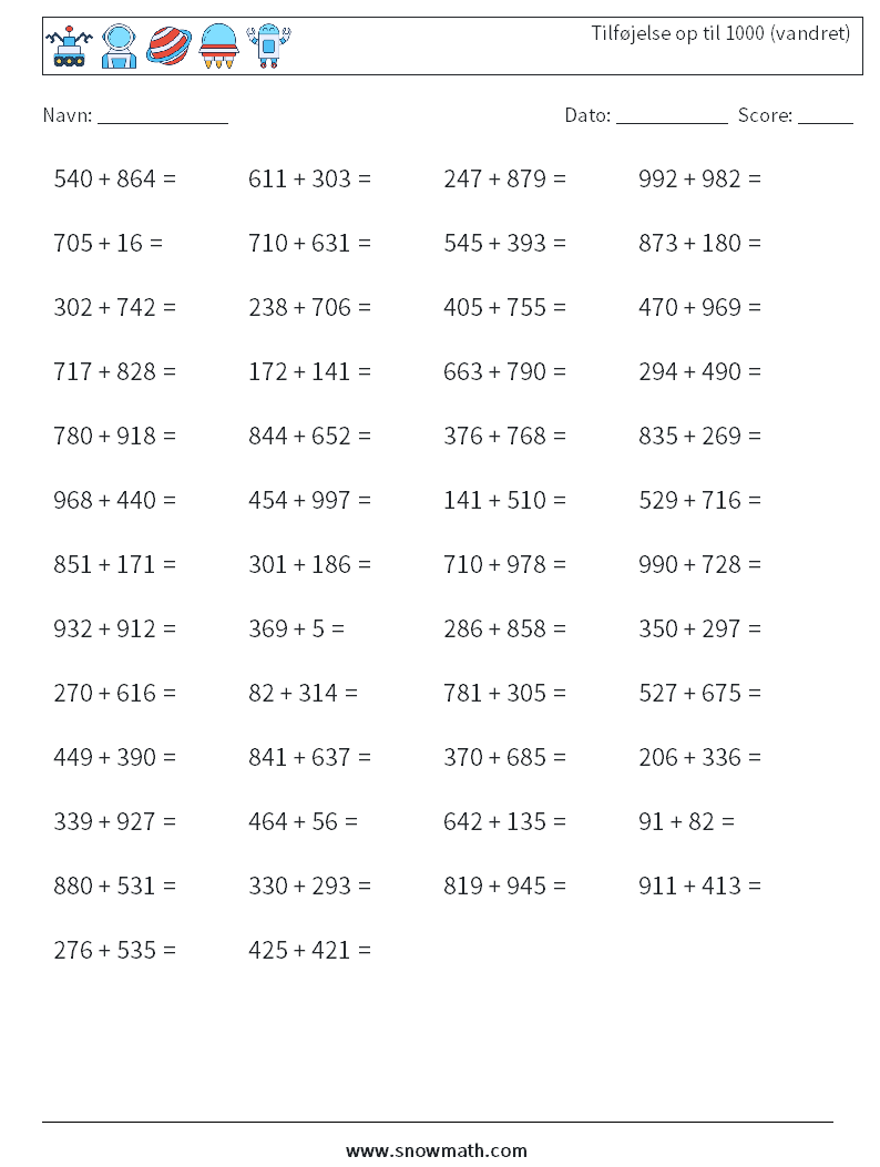 (50) Tilføjelse op til 1000 (vandret) Matematiske regneark 8