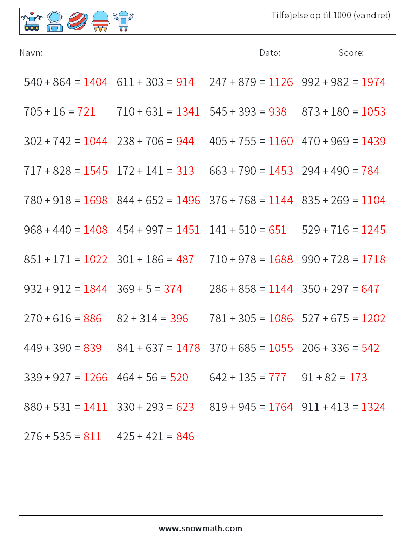 (50) Tilføjelse op til 1000 (vandret) Matematiske regneark 8 Spørgsmål, svar