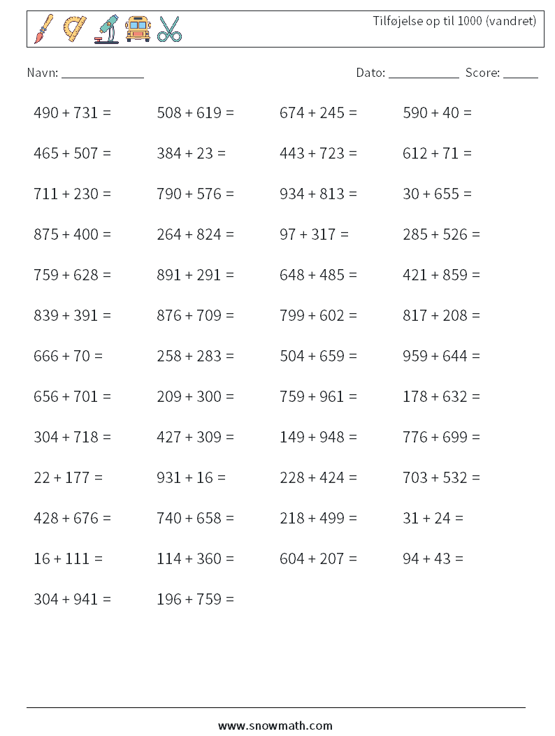 (50) Tilføjelse op til 1000 (vandret) Matematiske regneark 9