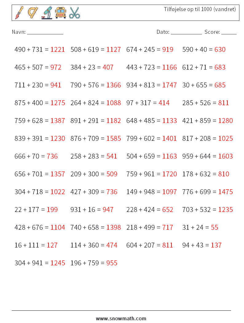 (50) Tilføjelse op til 1000 (vandret) Matematiske regneark 9 Spørgsmål, svar