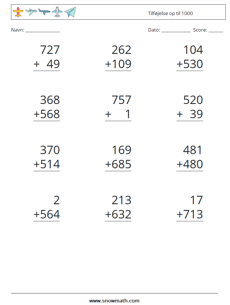 (12) Tilføjelse op til 1000 Matematiske regneark 10