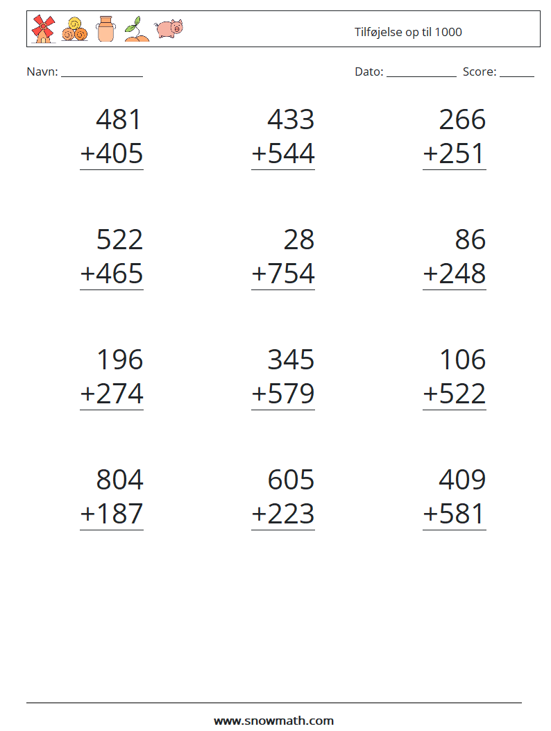 (12) Tilføjelse op til 1000 Matematiske regneark 13