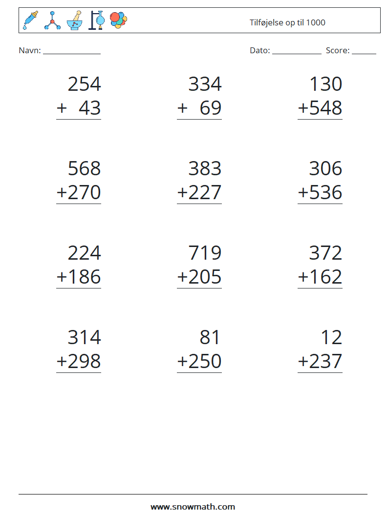 (12) Tilføjelse op til 1000 Matematiske regneark 14