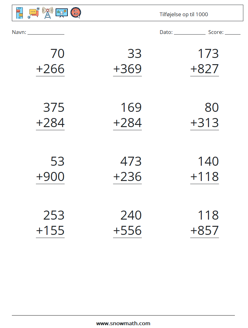 (12) Tilføjelse op til 1000 Matematiske regneark 18