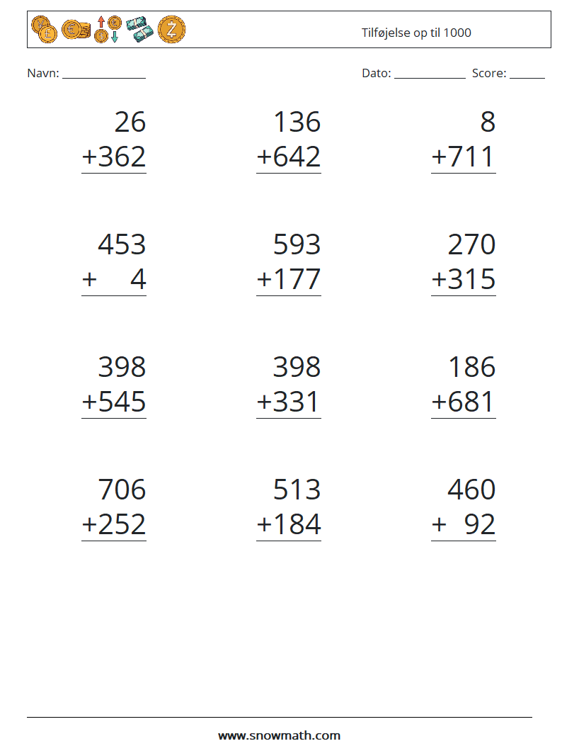 (12) Tilføjelse op til 1000 Matematiske regneark 5