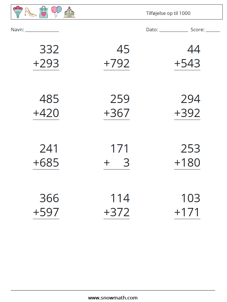 (12) Tilføjelse op til 1000 Matematiske regneark 9