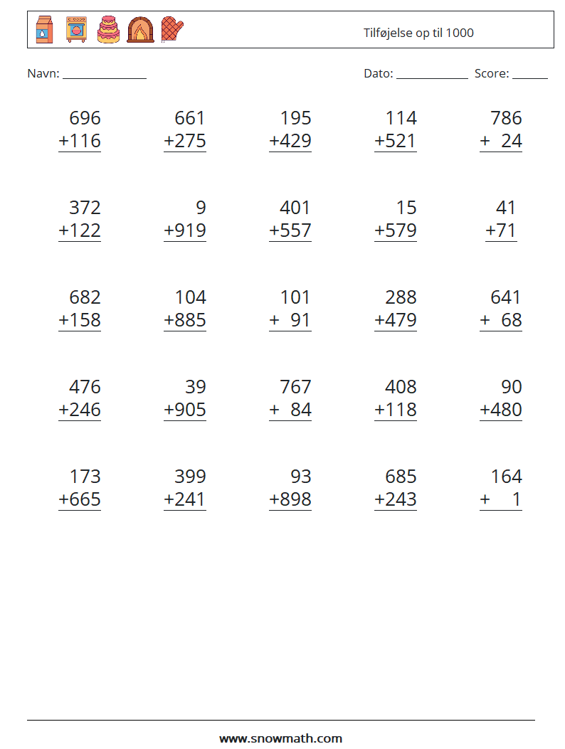 (25) Tilføjelse op til 1000 Matematiske regneark 1