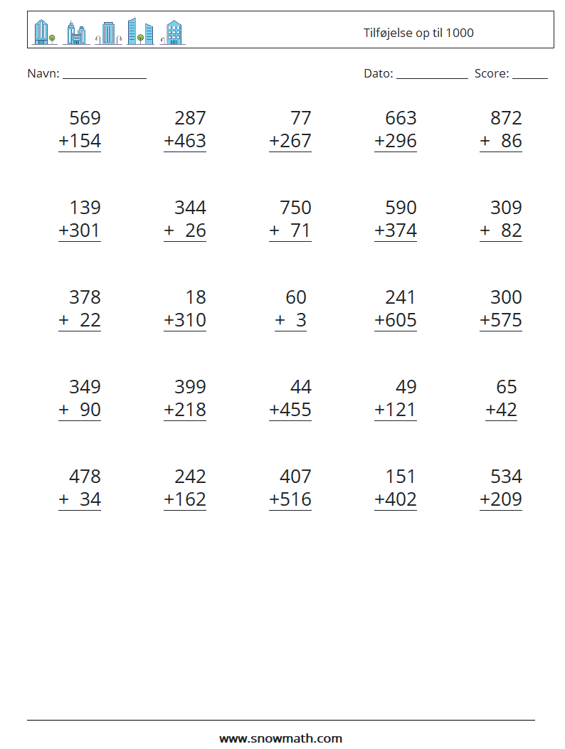 (25) Tilføjelse op til 1000 Matematiske regneark 13