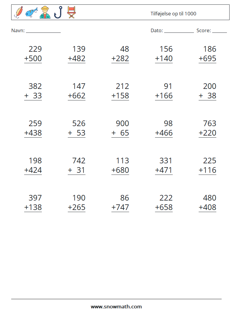 (25) Tilføjelse op til 1000 Matematiske regneark 15