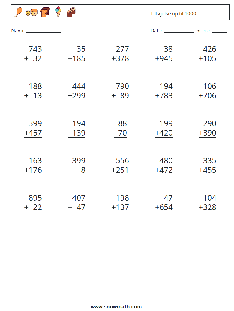 (25) Tilføjelse op til 1000 Matematiske regneark 17