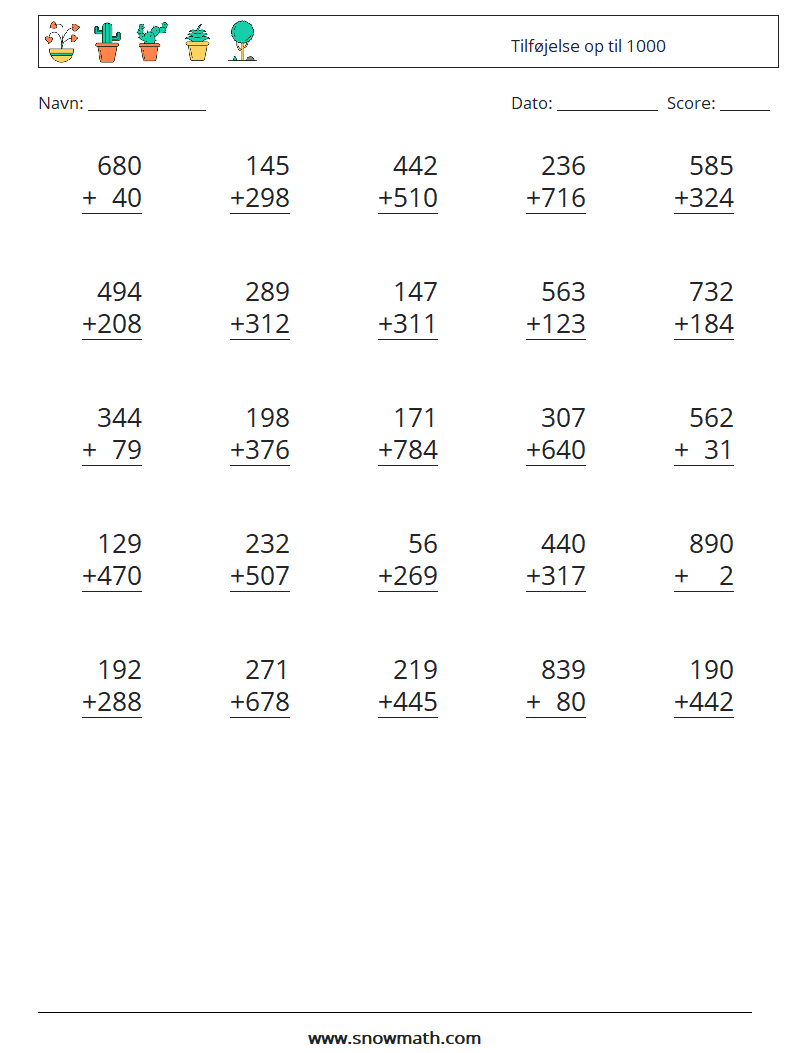 (25) Tilføjelse op til 1000 Matematiske regneark 2