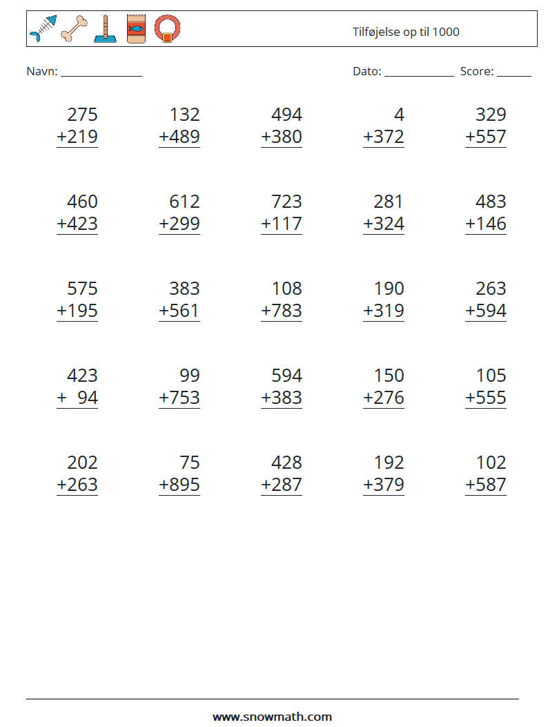 (25) Tilføjelse op til 1000 Matematiske regneark 5