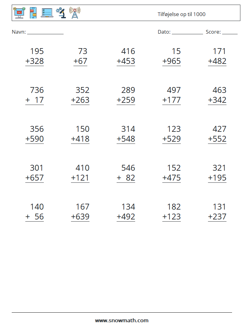 (25) Tilføjelse op til 1000 Matematiske regneark 6