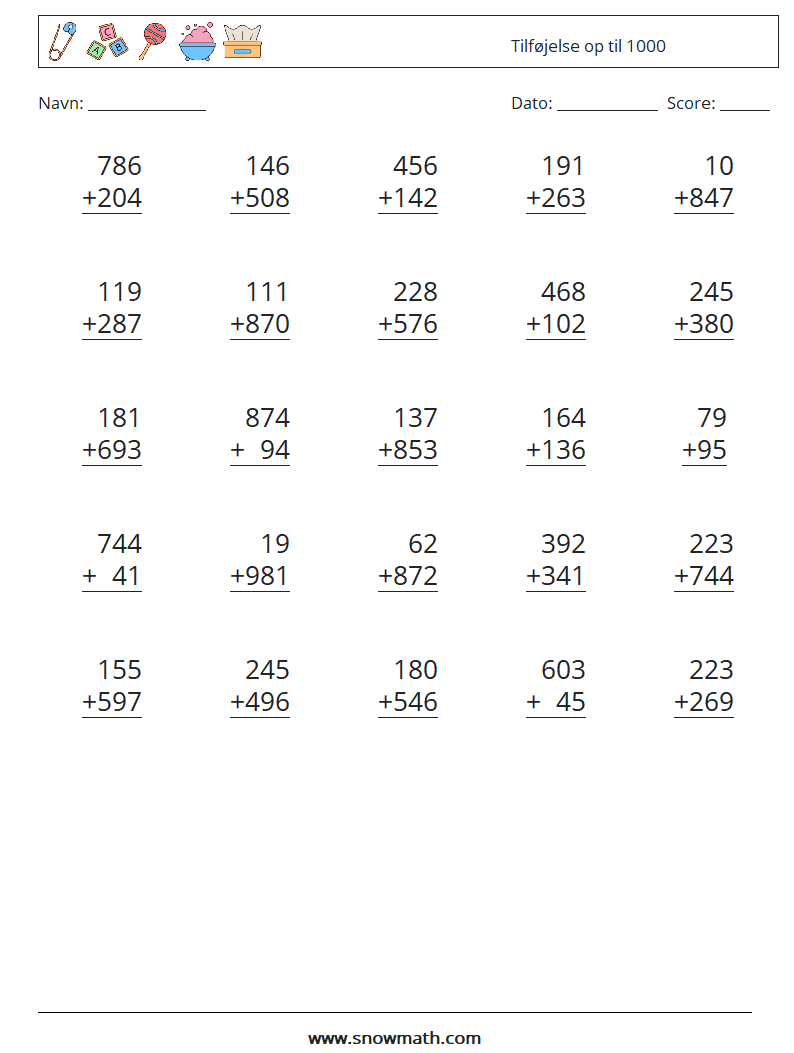 (25) Tilføjelse op til 1000 Matematiske regneark 7