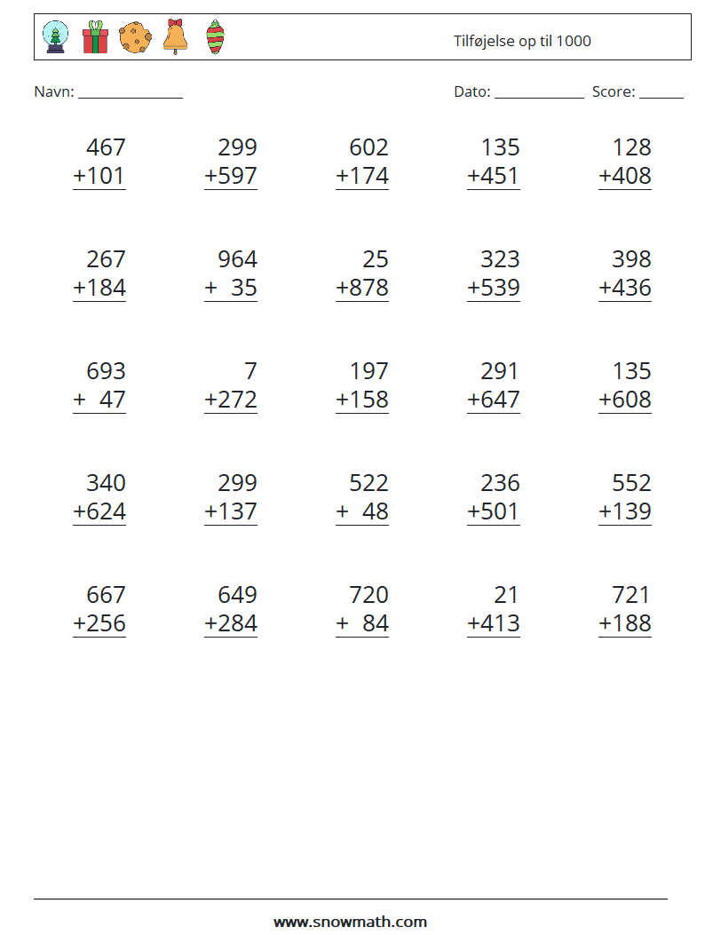 (25) Tilføjelse op til 1000 Matematiske regneark 9