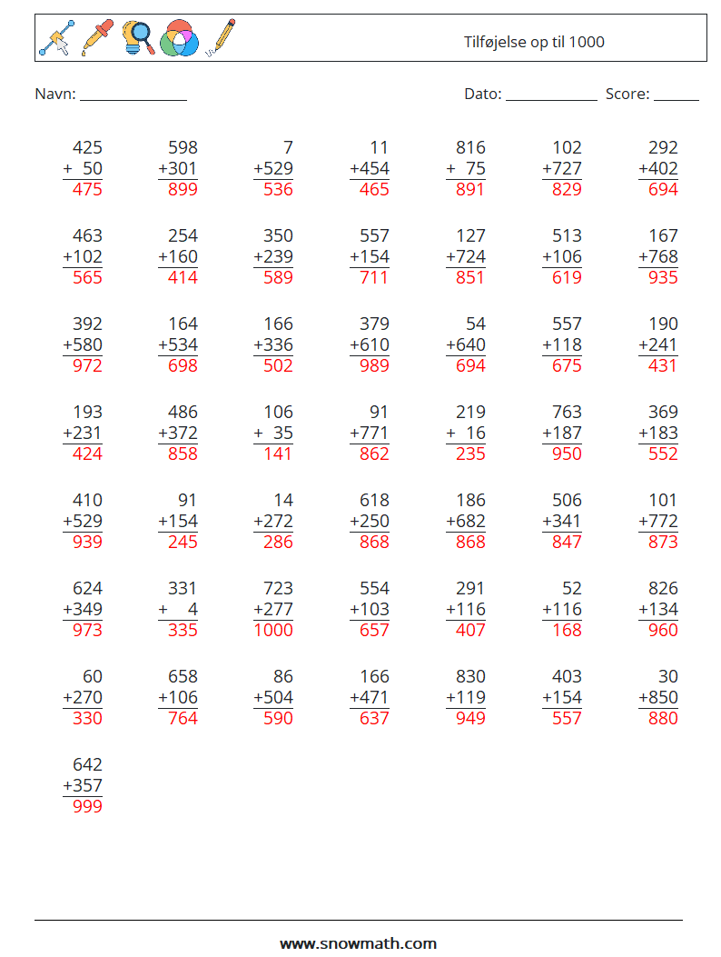 (50) Tilføjelse op til 1000 Matematiske regneark 15 Spørgsmål, svar