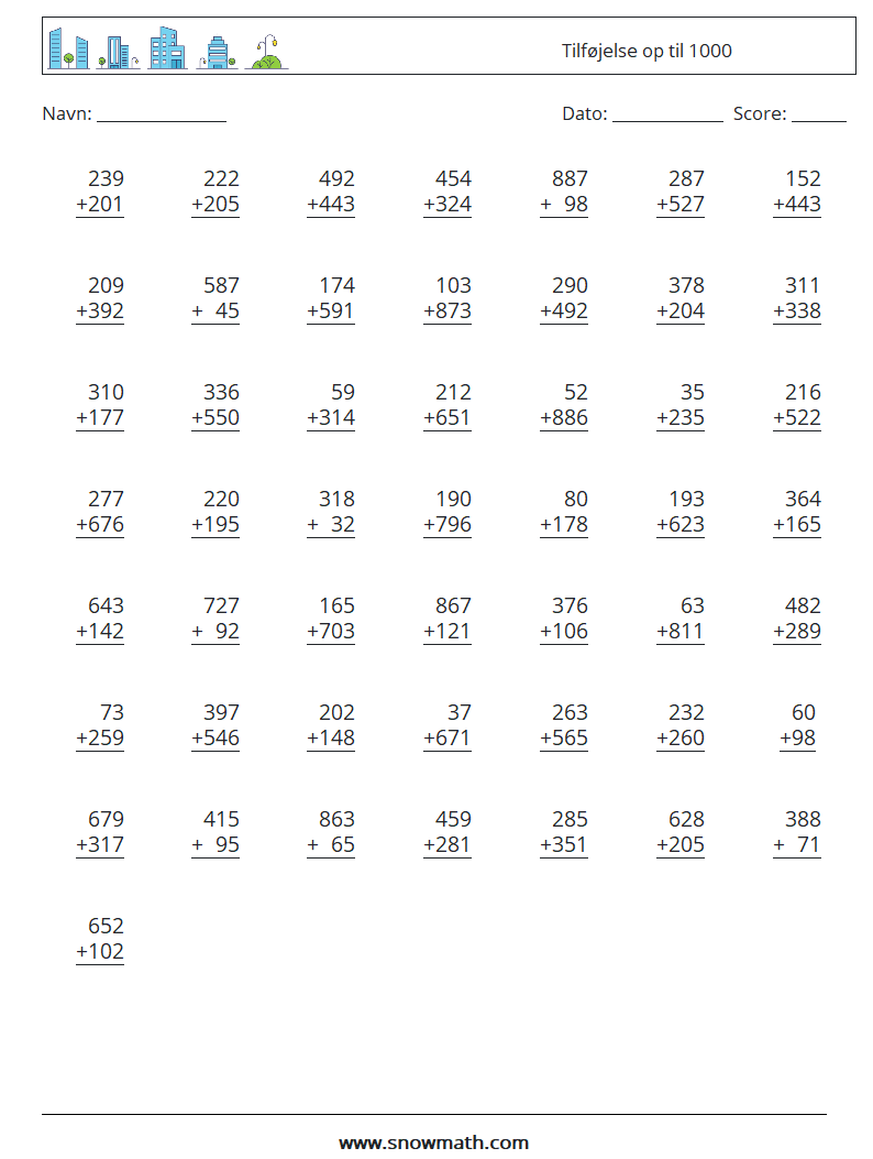 (50) Tilføjelse op til 1000 Matematiske regneark 16