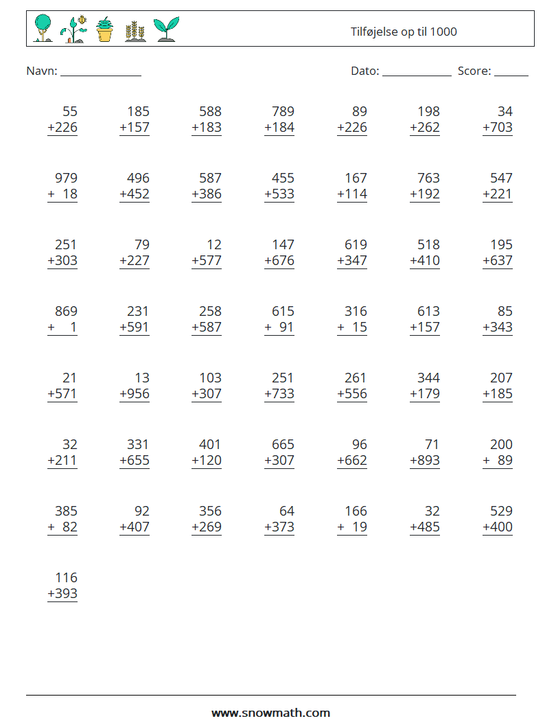 (50) Tilføjelse op til 1000 Matematiske regneark 3