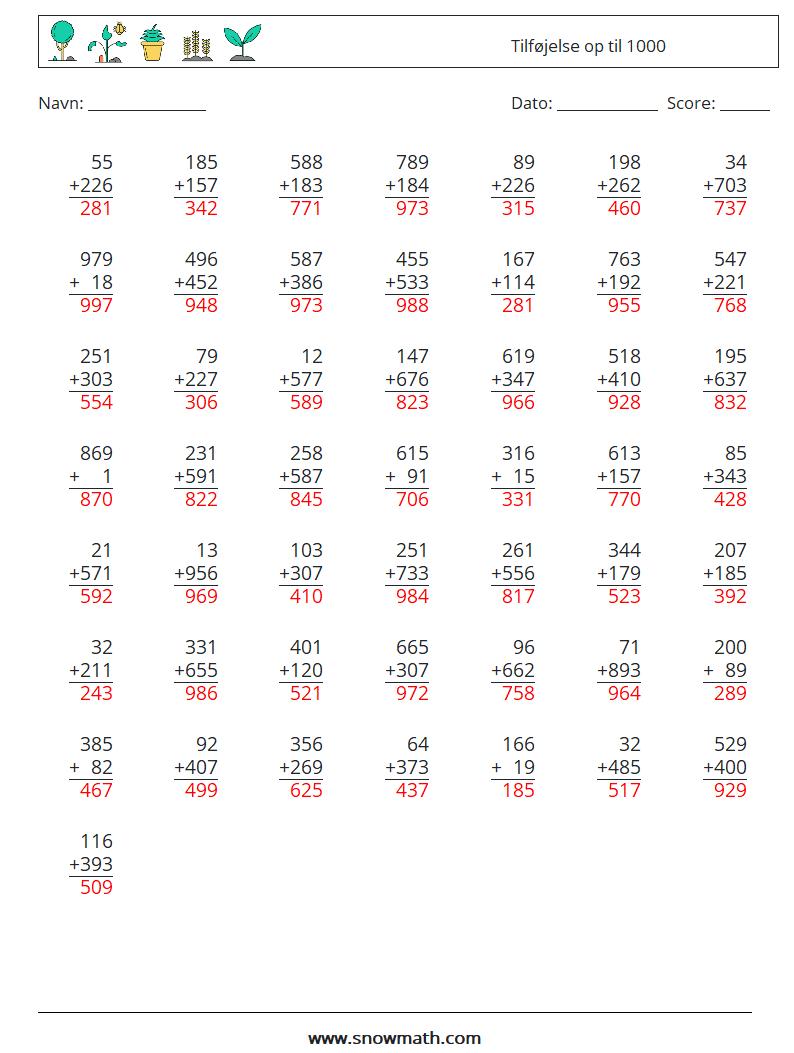 (50) Tilføjelse op til 1000 Matematiske regneark 3 Spørgsmål, svar