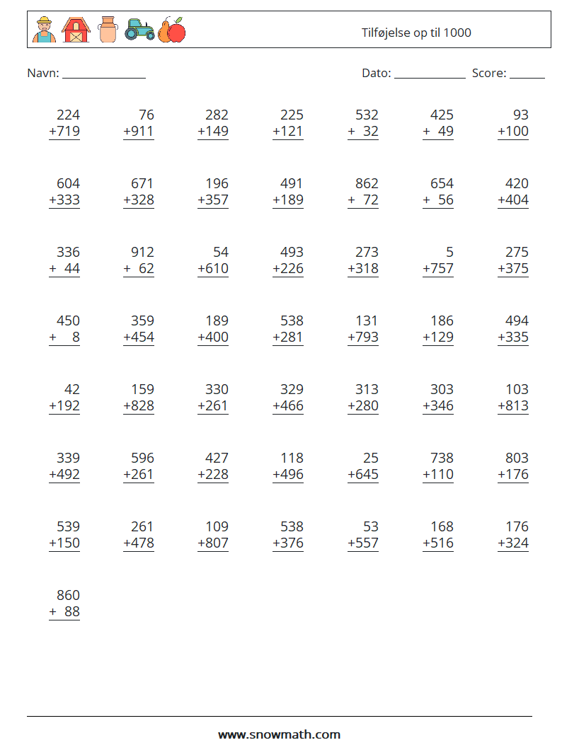 (50) Tilføjelse op til 1000 Matematiske regneark 5